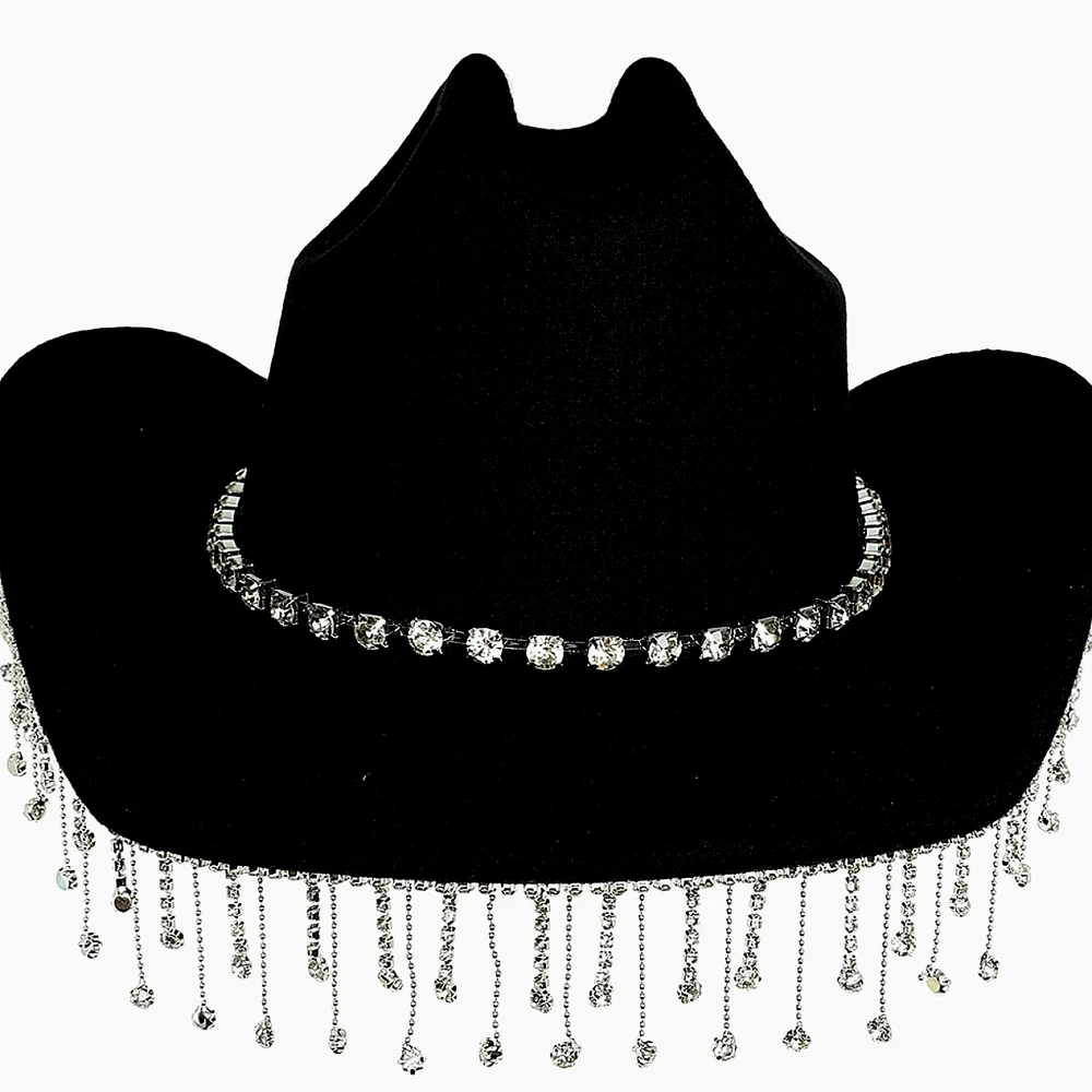 Black Handcrafted Rhinestone Embellished Bling Western Style Cowboy Cowgirl Hat